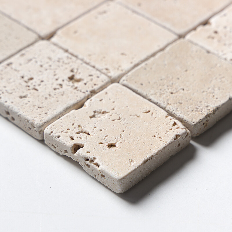 Ivory Tumbled 2×2 Travertine Mosaics 12×12