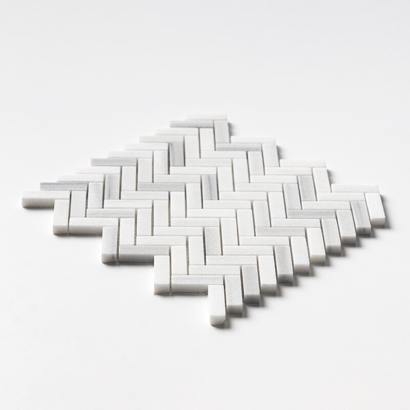 Frost White Honed Herringbone 5/8×2 Marble Mosaics 12 1/8×13 3/8
