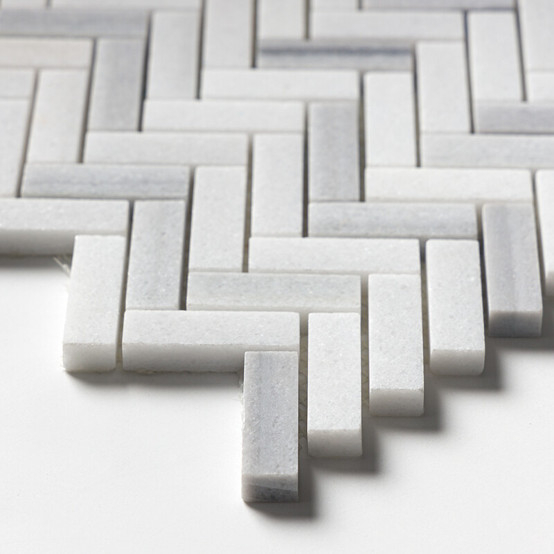 Frost White Honed Herringbone 5/8×2 Marble Mosaics 12 1/8×13 3/8