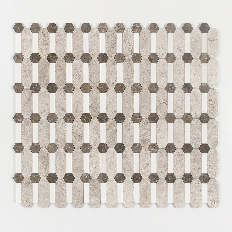 Silver Clouds, Snow White, Arctic Gray Multi Finish Pillar Marble Mosaics 12×13 1/2
