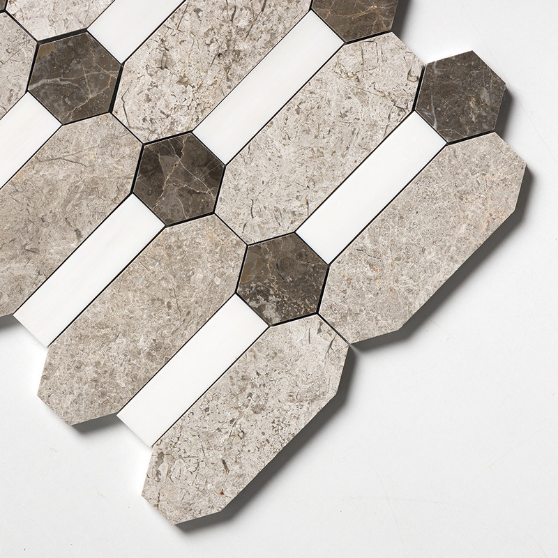 Silver Clouds, Snow White, Arctic Gray Multi Finish Pillar Marble Mosaics 12×13 1/2