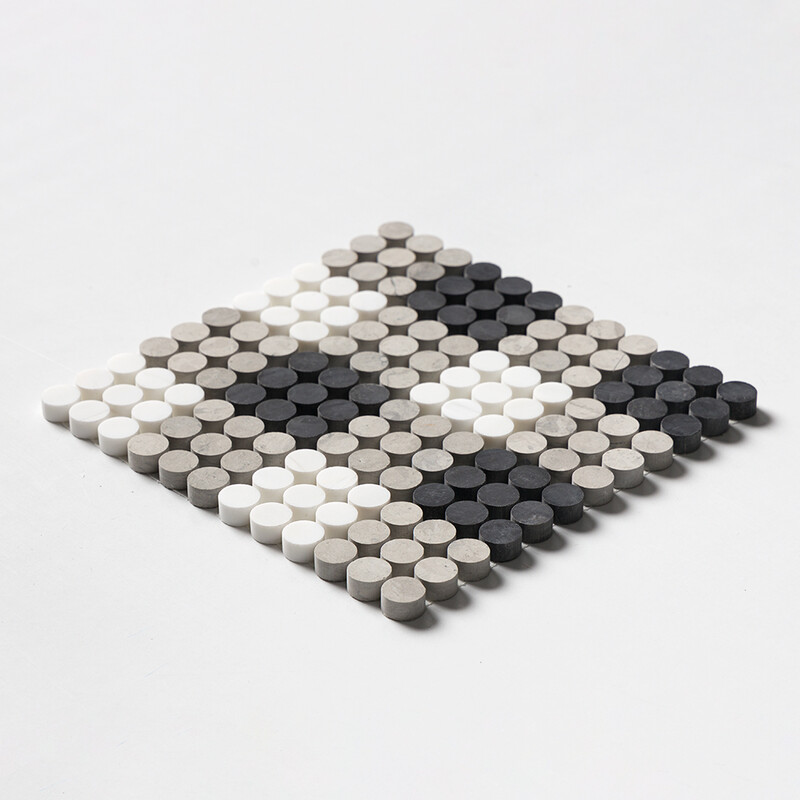 Black, Britannia, Snow White Honed Penny Round Plaid 1 Limestone Mosaics 9 27/32×9 27/32