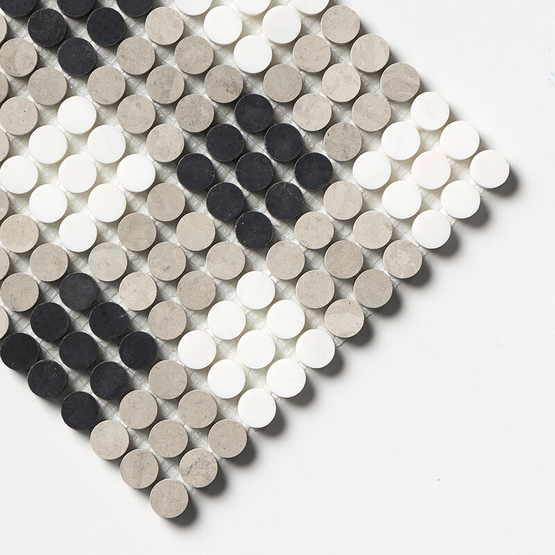 Black, Britannia, Snow White Honed Penny Round Plaid 1 Limestone Mosaics 9 27/32×9 27/32