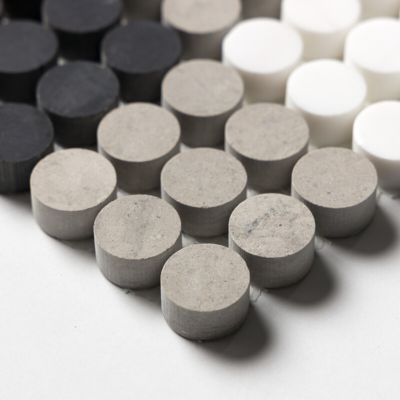 Black, Britannia, Snow White Honed Penny Round Plaid 1 Limestone Mosaics 9 27/32×9 27/32