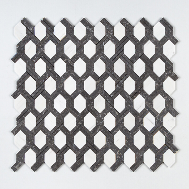 Iris Black, Snow White Honed Braided Hexagon Marble Mosaics 9 11/16×16 7/16