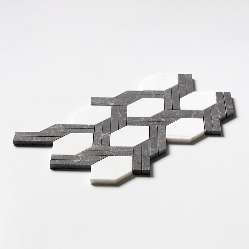 Iris Black, Snow White Honed Braided Hexagon Marble Mosaics 9 11/16×16 7/16