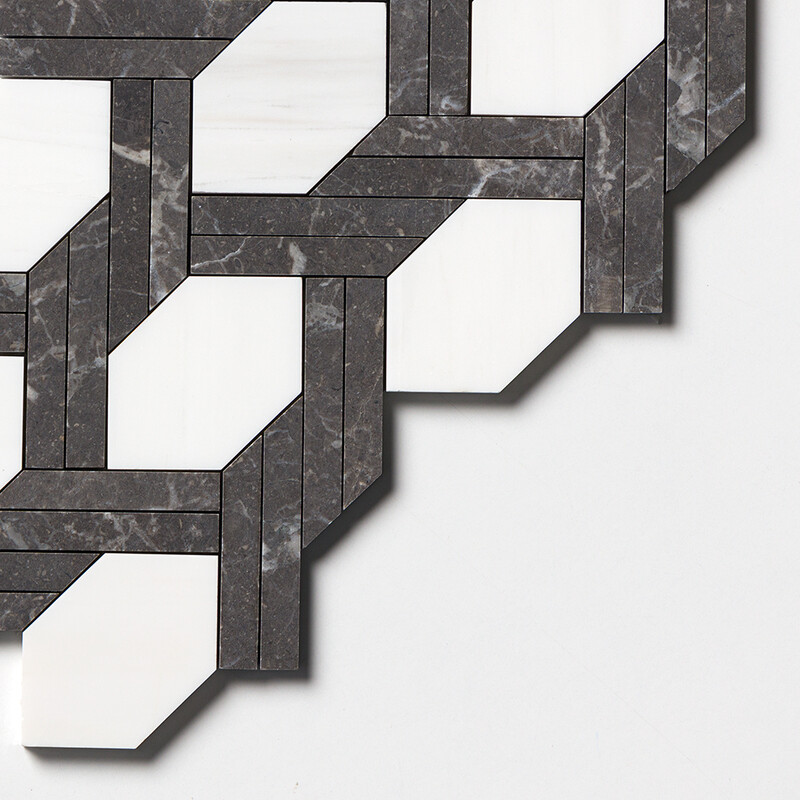 Iris Black, Snow White Honed Braided Hexagon Marble Mosaics 9 11/16×16 7/16