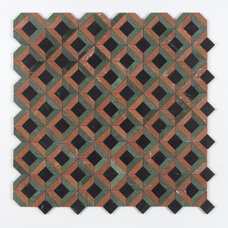 Verde Capri, Red Laguna, Black Honed Marble Mosaic 12 5/8x12 5/8x3/8