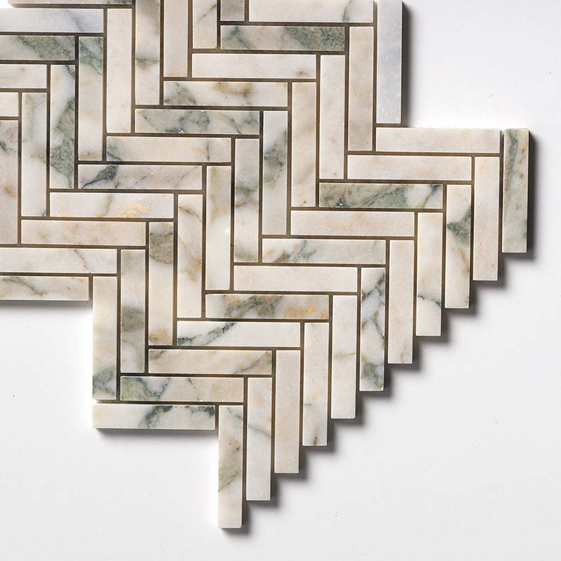 Calacatta Green Honed Herringbone 5/8×3 Marble Mosaics 10 7/16×12 13/16