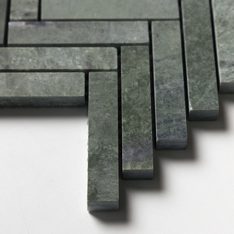 Verde Tia Honed Herringbone 5/8×3 Marble Mosaics 10 7/16×12 13/16