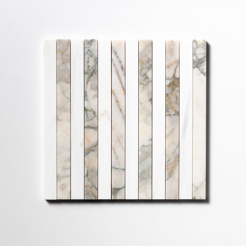 Calacatta Green, Snow White Honed Mod Stripes Marble Mosaics 12×12