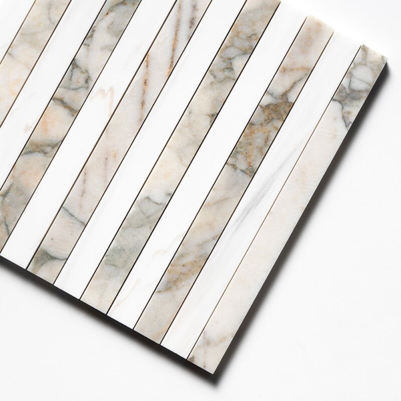 Calacatta Green, Snow White Honed Mod Stripes Marble Mosaics 12×12