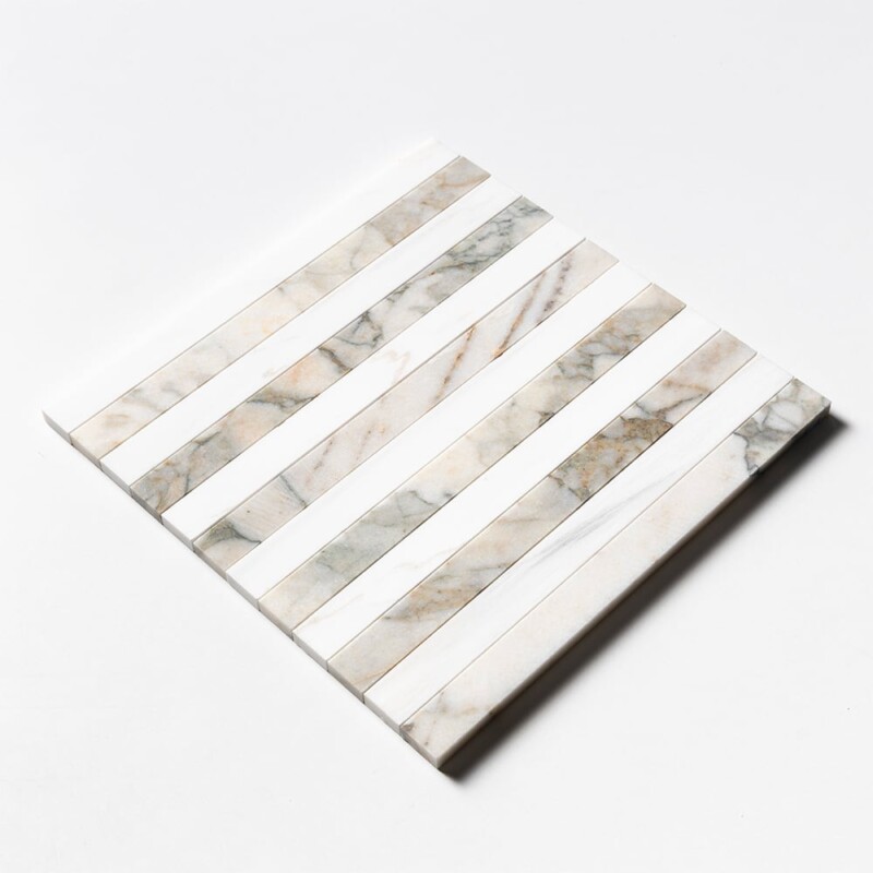 Calacatta Green, Snow White Honed Mod Stripes Marble Mosaics 12×12