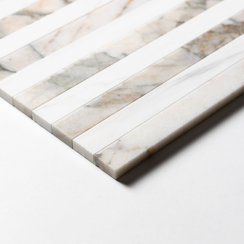 Calacatta Green, Snow White Honed Mod Stripes Marble Mosaics 12×12