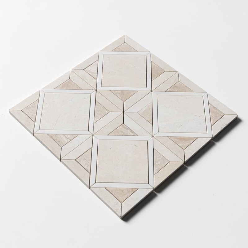 Diana Royal, Snow White, Vanilla Honed Kent Marble Mosaics 13 9/16×13 9/16