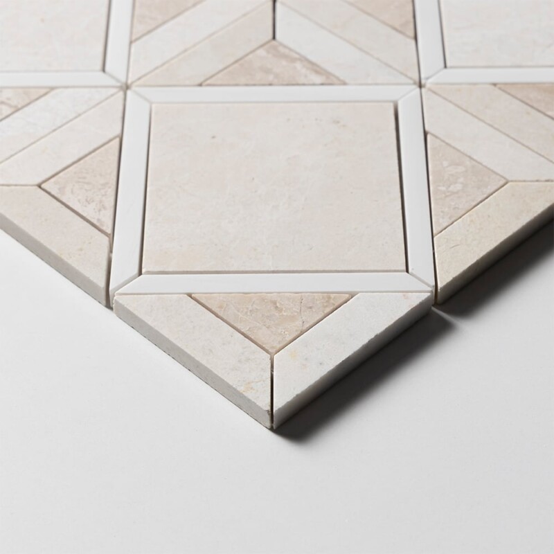 Diana Royal, Snow White, Vanilla Honed Kent Marble Mosaics 13 9/16×13 9/16