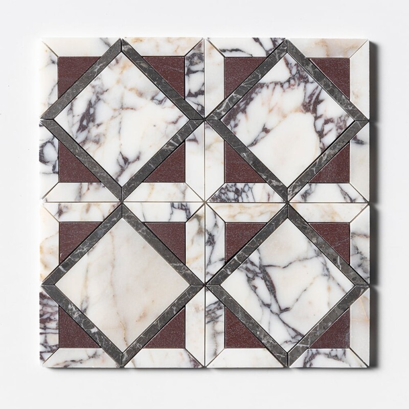 Calacatta Picasso, Iris Black, Aegean Red Honed Kent Marble Mosaics 13 9/16×13 9/16
