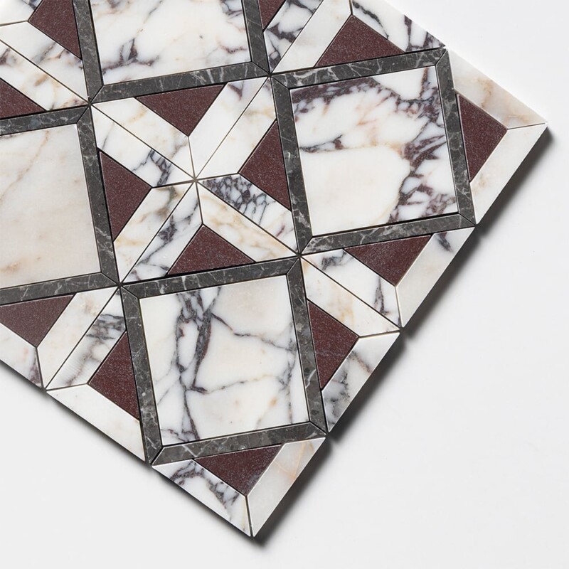 Calacatta Picasso, Iris Black, Aegean Red Honed Kent Marble Mosaics 13 9/16×13 9/16