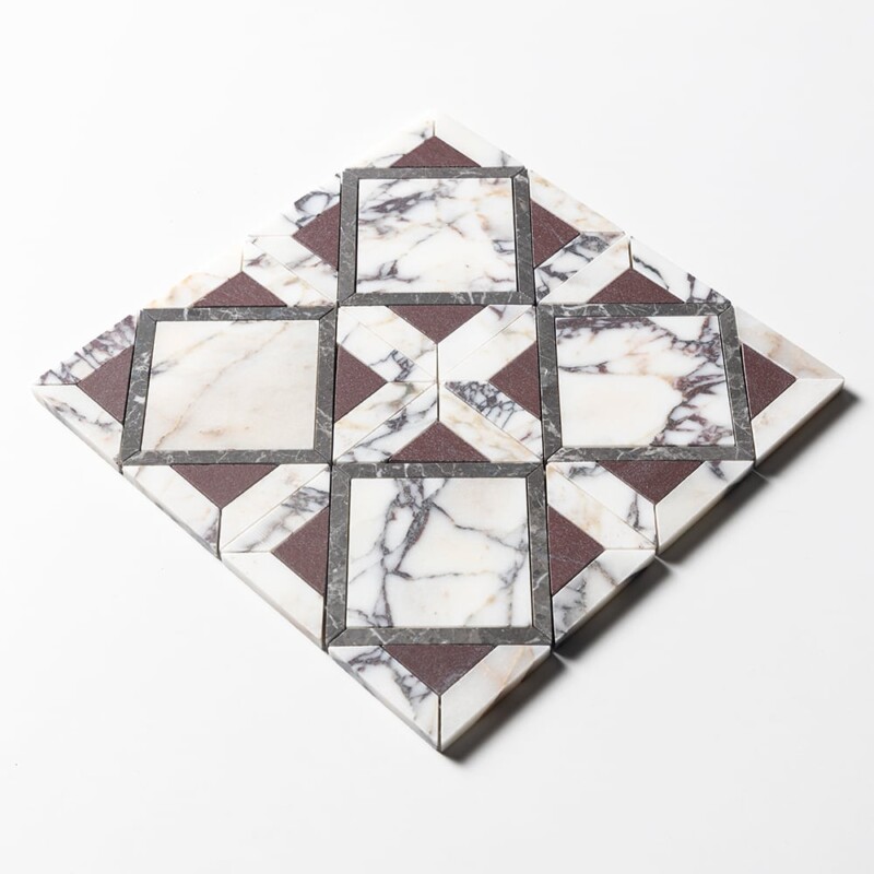 Calacatta Picasso, Iris Black, Aegean Red Honed Kent Marble Mosaics 13 9/16×13 9/16