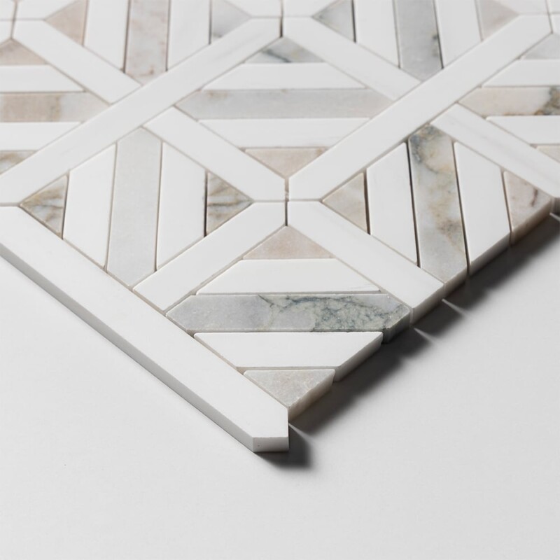 Calacatta Green, Snow White Honed Ponte Basket Marble Mosaics 14 3/4×14 3/4