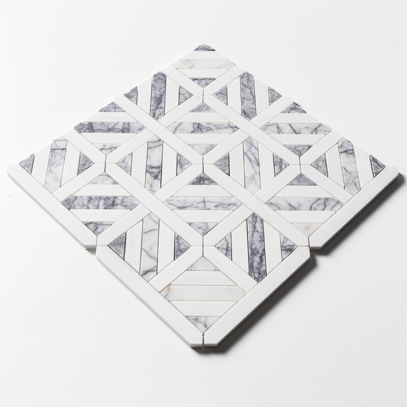 Lilac, Snow White Honed Ponte Basket Marble Mosaics 14 3/4×14 3/4