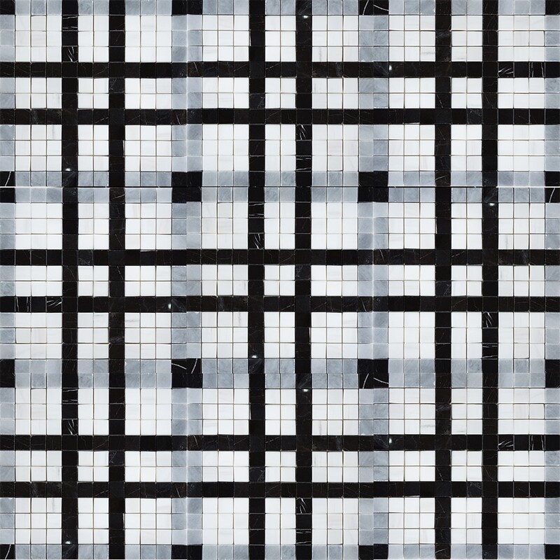 Black, Snow White, Allure Multi Finish Checker Marble Mosaics 12×12