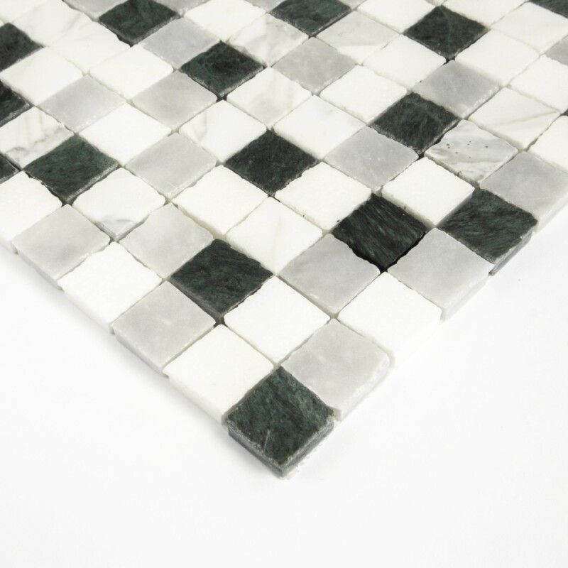 Mosaici in marmo Allure, Calacatta Gold, Thassos, Verde Lucia, levigati a mano, 1×1, 11 3/4×11 3/4