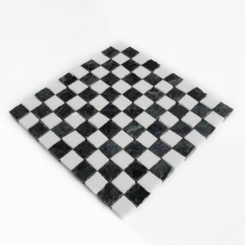 Thassos, Verde Lucia Honed Hand Clipped 1×1 Marble Mosaics 11 3/4×11 3/4