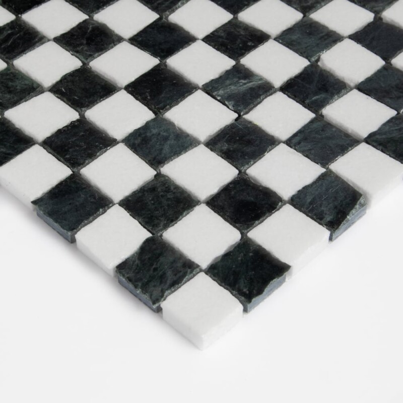 Thassos, Verde Lucia Honed Hand Clipped 1×1 Marble Mosaics 11 3/4×11 3/4