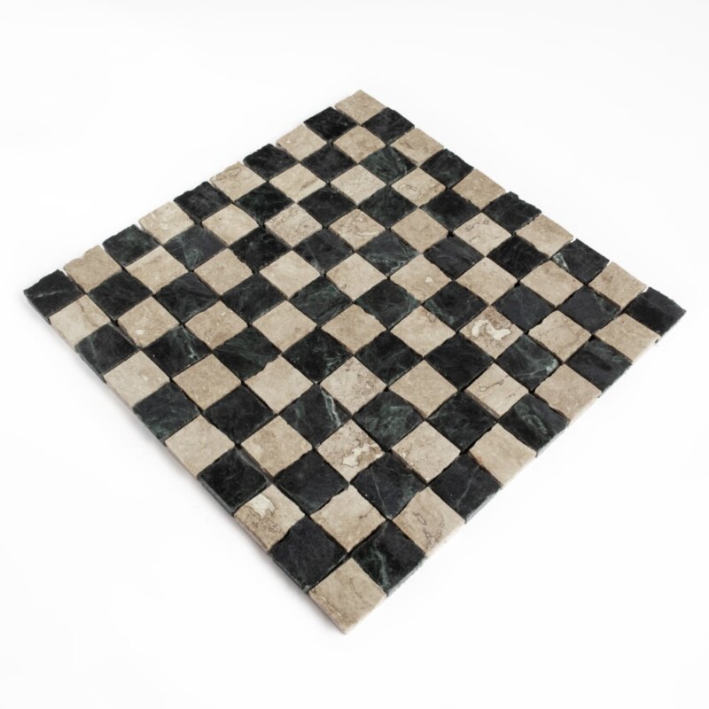 Roman Travertine, Verde Lucia Honed Hand Clipped 1×1 Marble Mosaics 11 3/4×11 3/4