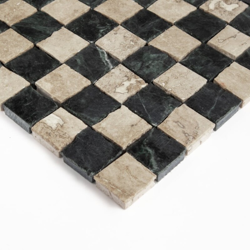 Roman Travertine, Verde Lucia Honed Hand Clipped 1×1 Marble Mosaics 11 3/4×11 3/4