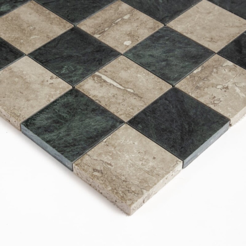Roman Travertine, Verde Lucia Honed Petite Chester Marble Mosaics 12×12