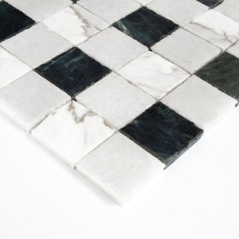Calacatta Gold, Glacier, Verde Lucia Honed Hand Clipped 2×2 Marble Mosaics 12×12