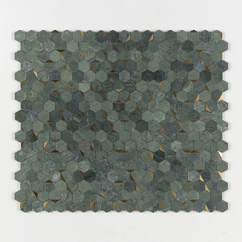 Brass, Verde Tia Honed Hexagon 2 Waterjet Marble Mosaics 10 1/4×11 3/4