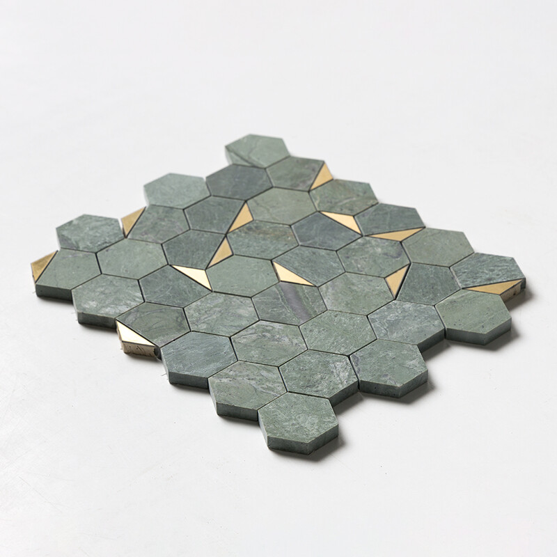 Brass, Verde Tia Honed Hexagon 2 Waterjet Marble Mosaics 10 1/4×11 3/4