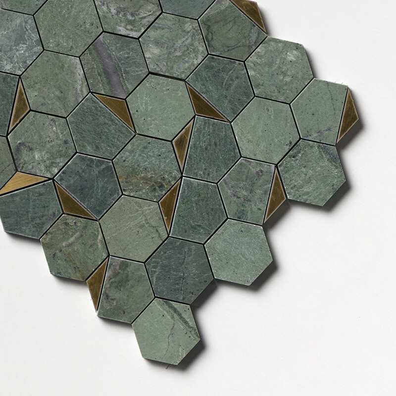 Brass, Verde Tia Honed Hexagon 2 Waterjet Marble Mosaics 10 1/4×11 3/4
