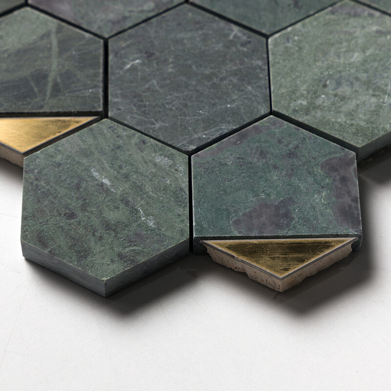 Brass, Verde Tia Honed Hexagon 2 Waterjet Marble Mosaics 10 1/4×11 3/4