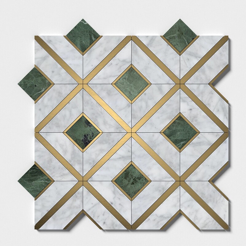 White Carrara, Brass, Verde Tia Honed Arlo Waterjet Marble Mosaics 11 15/16×11 15/16
