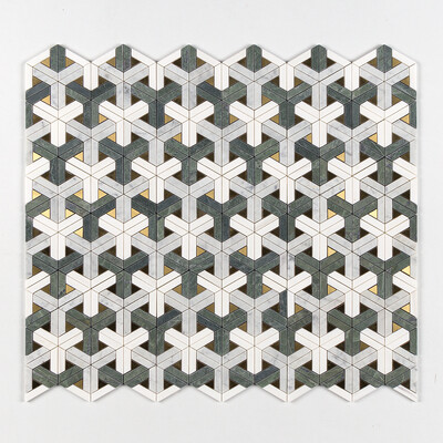 Mosaïques de marbre découpées au jet d'eau Snow White, White Carrara, Brass, Verde Tia Honed Fence 12×12