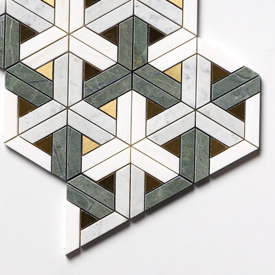 Mosaïques de marbre découpées au jet d'eau Snow White, White Carrara, Brass, Verde Tia Honed Fence 12×12