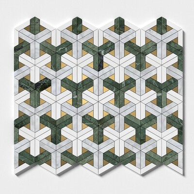 Mosaïques de marbre découpées au jet d'eau Snow White, White Carrara, Brass, Verde Tia Honed Fence 12×12