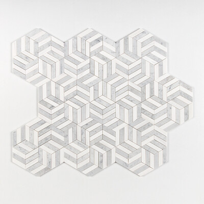 Branco Neve, Mosaicos de Mármore Branco Carrara Polido com Corte a Jato de Água em Formato de Moinho de Vento, 11 3/4×13 9/16
