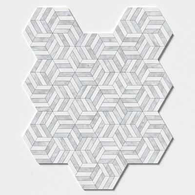 Branco Neve, Mosaicos de Mármore Branco Carrara Polido com Corte a Jato de Água em Formato de Moinho de Vento, 11 3/4×13 9/16