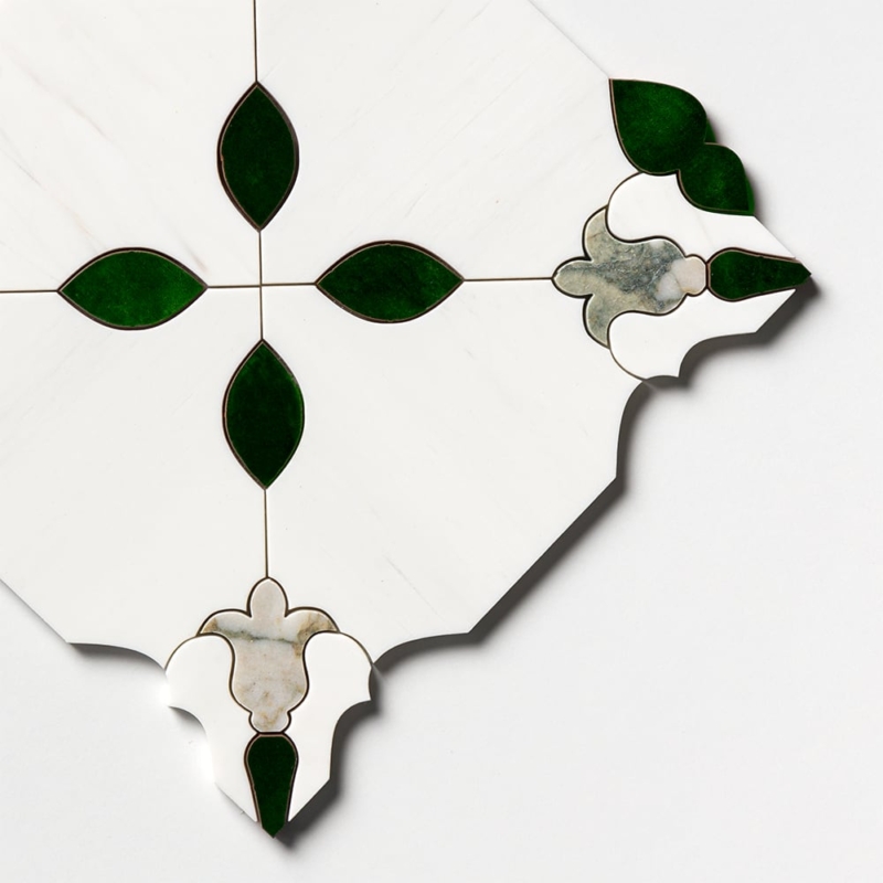 Snow White,Calacatta Green,Gunmetal Polished Esme Waterjet Marble Mosaics 13 3/4×13 3/4 (WUM06004)