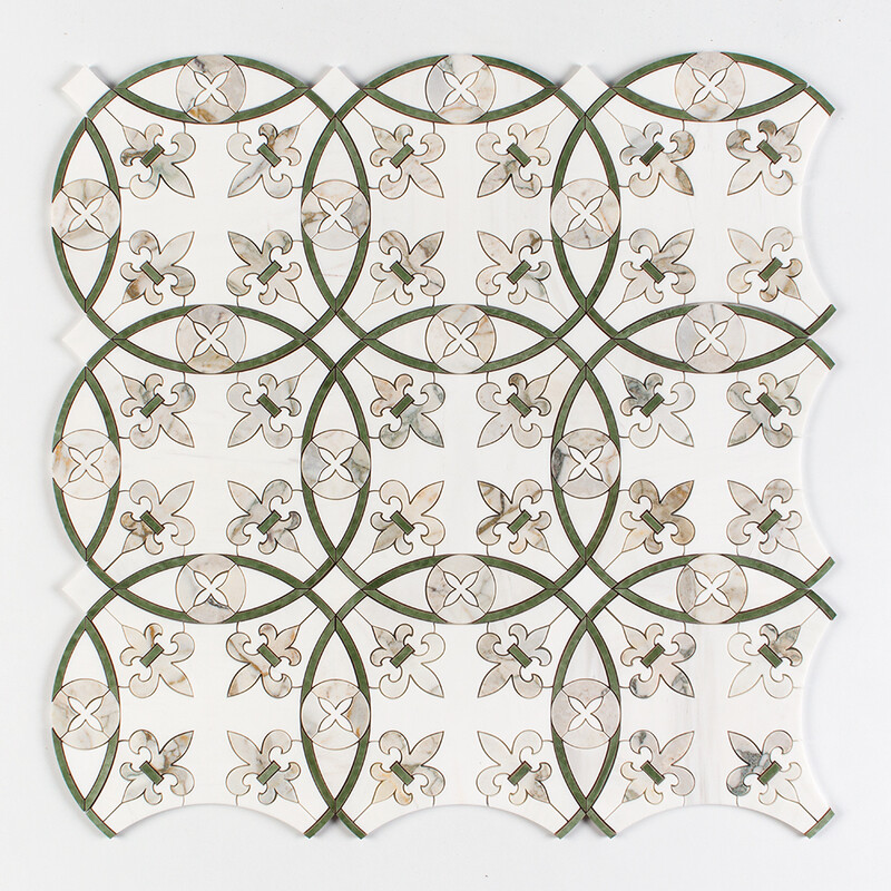 Calacatta Green, Snow White, Gunmetal Polished Quincy Waterjet Marble Mosaics 15×16 11/16