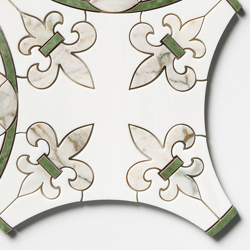 Calacatta Green, Snow White, Gunmetal Polished Quincy Waterjet Marble Mosaics 15×16 11/16