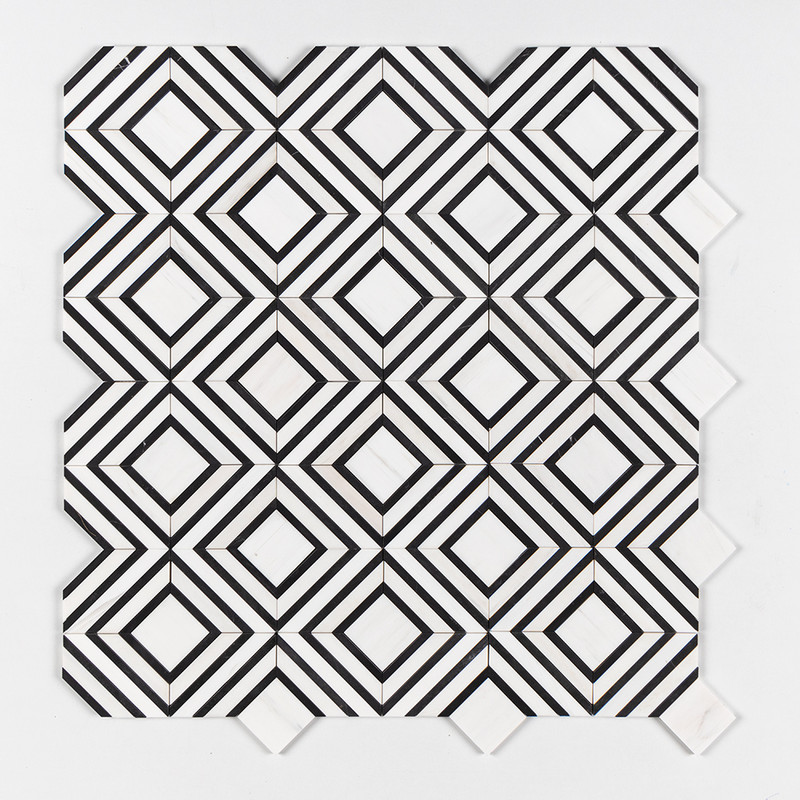 Snow White, Black Honed Yildiz Marble Mosaics 8 13/16×11