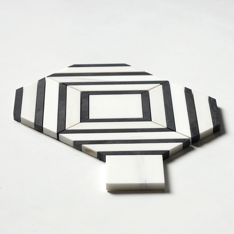 Snow White, Black Honed Yildiz Marble Mosaics 8 13/16×11