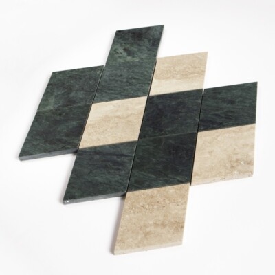 Roman Travertine, Verde Lucia Honed Almas Marble Mosaics 10×10 1/2