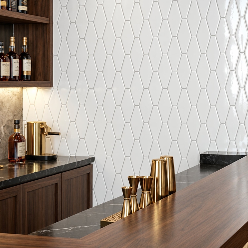Royal White Glossy Longest Hexagon Ceramic Tile 3×7 7/8 (DC00117)